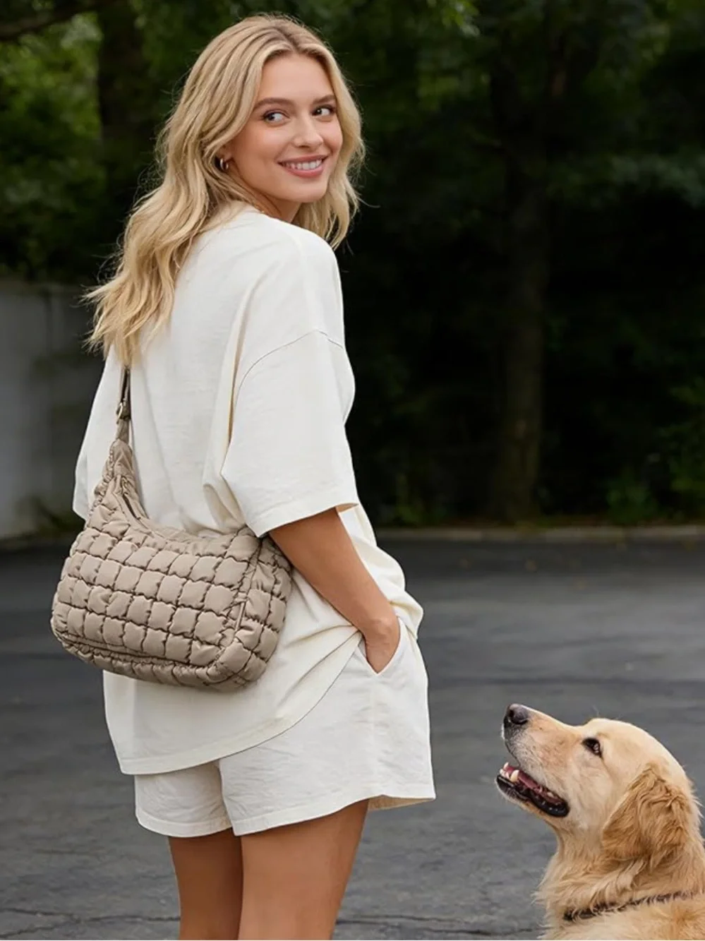 NWOT Quilted Hobo Shoulder Bag in Beige